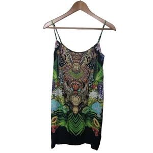 CZARINA Sz Small Multicolor Beaded Viscose Silk Spaghetti Strap Short Dress